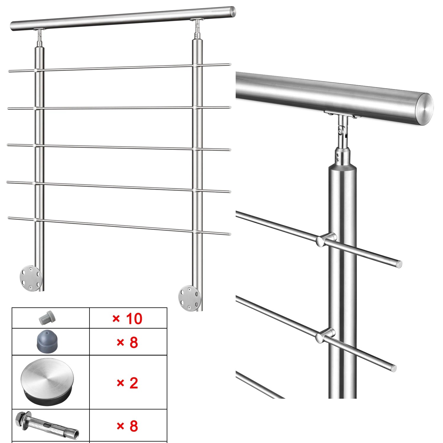 Edelstahl Geländer 150 cm mit 5 Querstäben, seitlicher Befestigung und Handlauf. Komplettset für Treppen & Geländer.