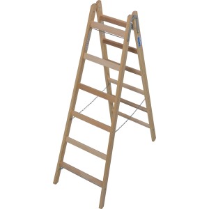 Krause Holz-Doppelleiter Stabilo mit 2x6 Sprossen, braune Holzleiter mit Ketten-Spreizsicherung.