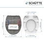 Schütte WC-Sitz Offline Duroplast mit Absenkautomatik, Holzoptik mit "Offline" Schriftzug und Maßangaben.