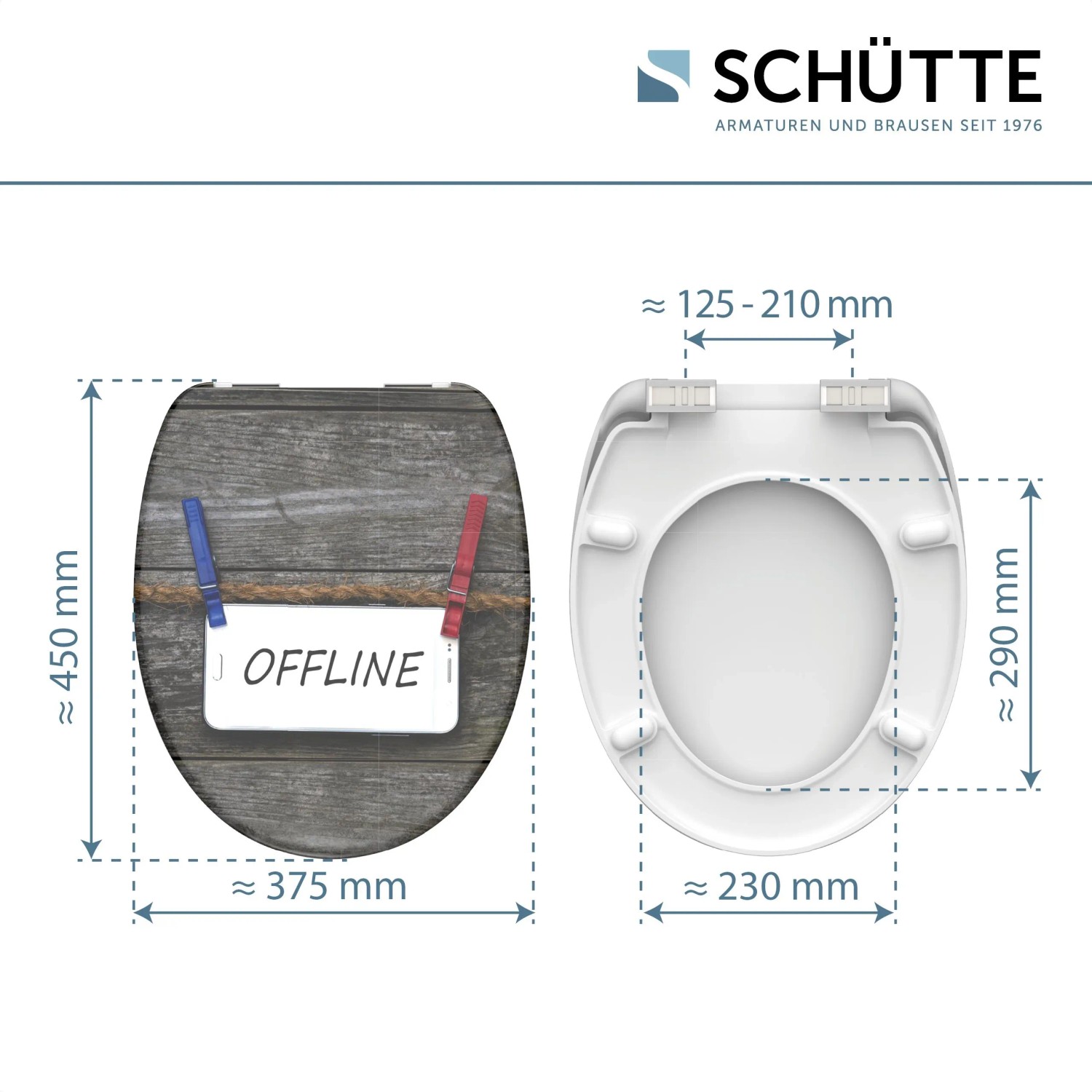 Schütte WC-Sitz Offline Duroplast mit Absenkautomatik, Holzoptik mit "Offline" Schriftzug und Maßangaben.