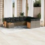 Graue 10-tlg. vidaXL Garten-Sofagarnitur aus Poly Rattan mit dunklen Kissen und Tisch.