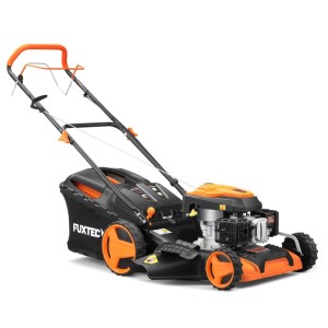 FUXTEC Benzin Rasenmäher FX-RM5196, schwarz-orange, mit Fangkorb und großen Rädern für effizientes Mähen.