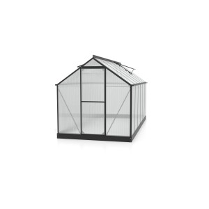 Schwarzes Vitavia Gewächshaus Triton 7500 HKP 6 mm Vorzugsset mit Stahlfundament und zwei Dachfenstern.