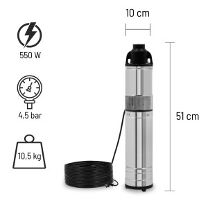 EBERTH 4 Zoll Tiefbrunnenpumpe aus Edelstahl, 550W, mit Kabel. Ideal für Brunnen und Zisternen.
