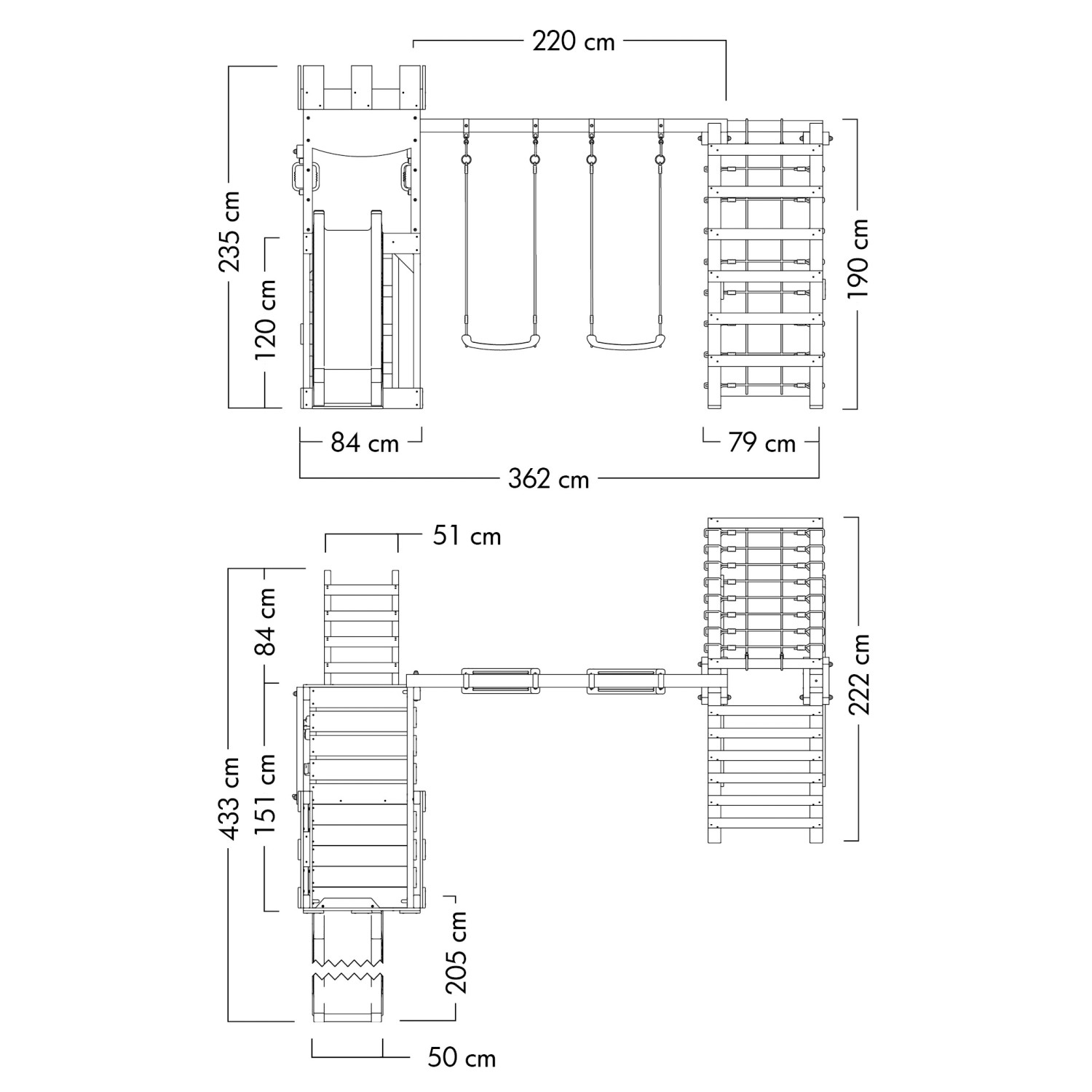 Draufsicht Wickey Spielturm DragonFlyer mit Rutsche, Kletterwand und Schaukel in Pastellgrün, Maße