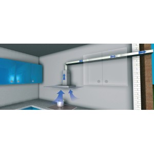 Anwendungsbeispiel: Weißes Vierkantrohr (0,5 m) als Abluftsystem für Dunstabzugshaube in Küche.