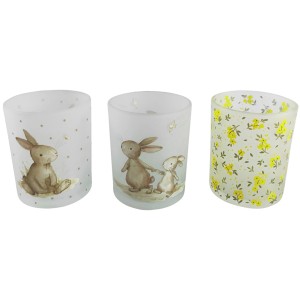 Boltze Windlicht Ostern, 3-fach sortiert, mit Hasenmotiven und gelben Blumen auf Glas.