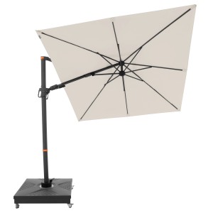 Quadratischer, naturfarbener Doppler Ampelschirm mit Dreh- und Neigefunktion auf Schirmständer.