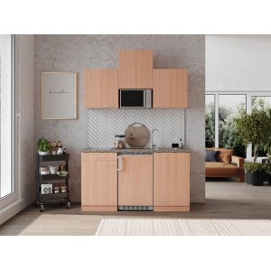 Respekta Küchenzeile KB150BBMIC, 150 cm, Buche Dekor mit Kühlschrank und Mikrowelle.