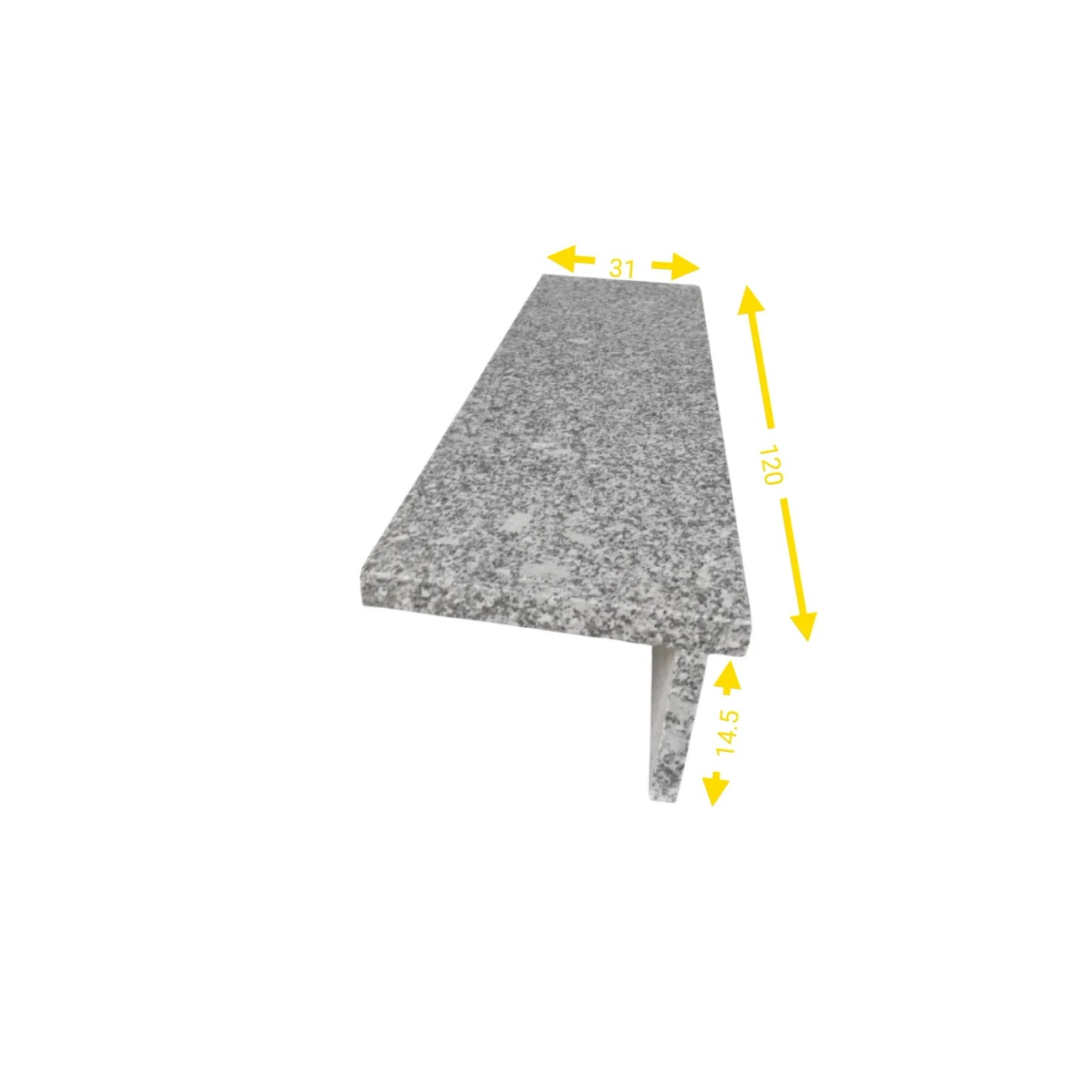 Pedras Salgadas Außentreppenbelag, geflammter Granit, 120 cm breit, mit Maßangaben.