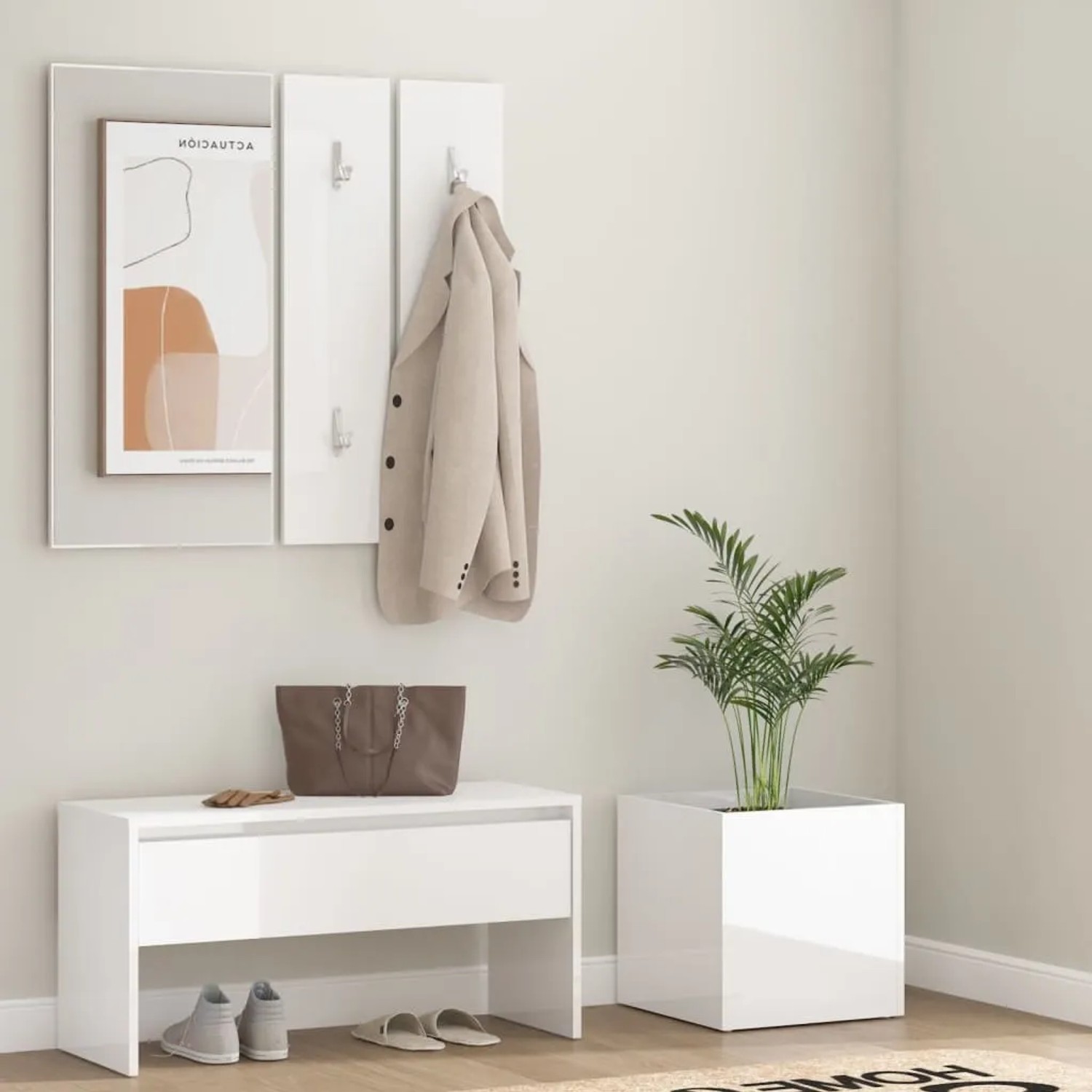 vidaXL Flurmöbel-Set in Hochglanz-Weiß mit Bank, Spiegel, Garderobe und Pflanzgefäß.