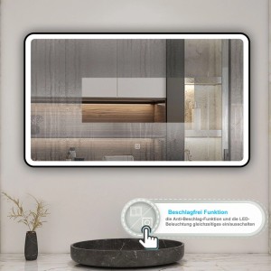 Schwarzer Badspiegel 90x70 cm mit LED-Beleuchtung, dimmbar und beschlagfrei.