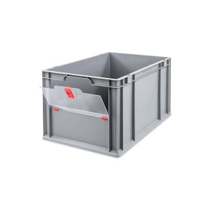 Graue Eurobox mit transparentem Deckel und rotem Verschluss, 65 Liter. Ideal zur Aufbewahrung.