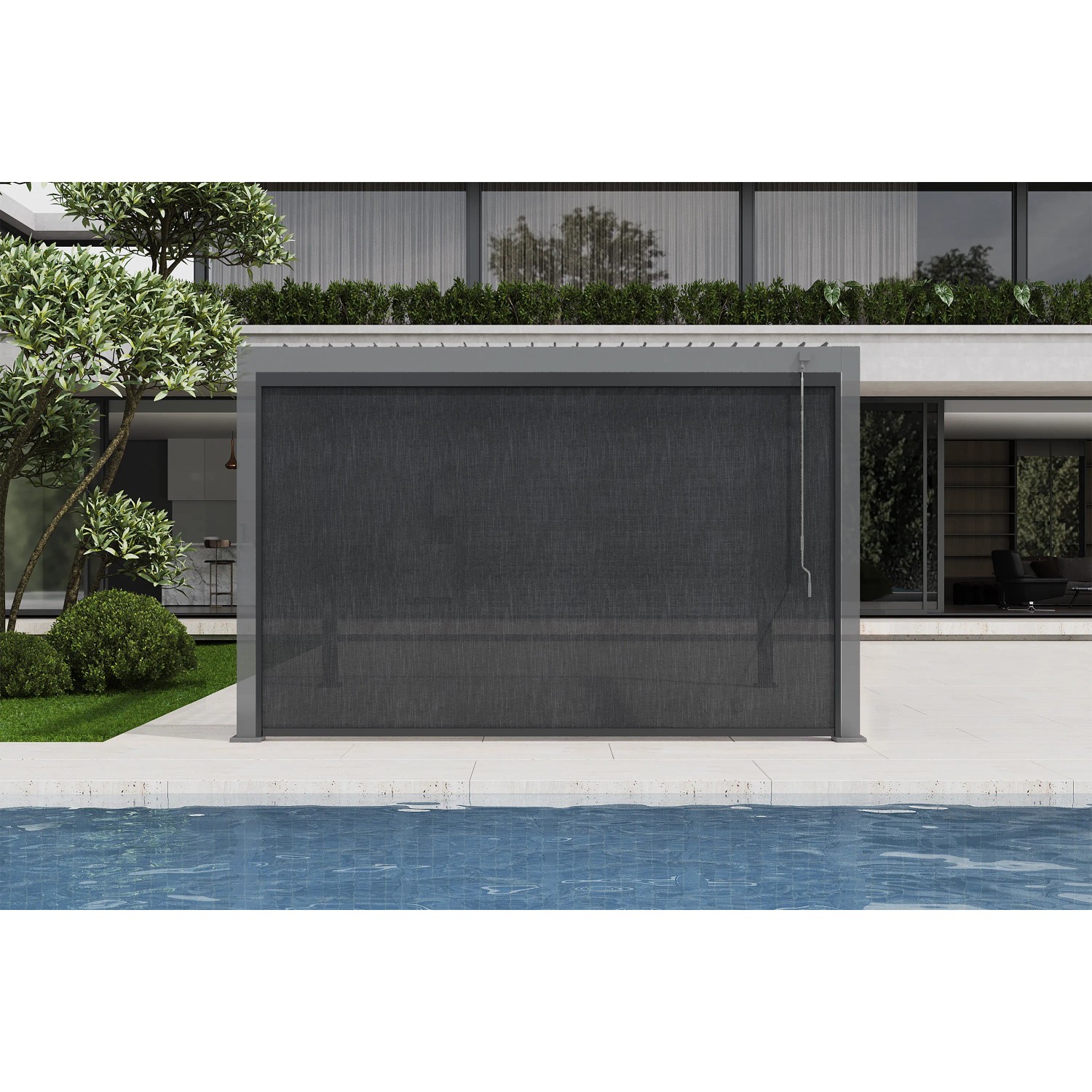 Anthrazitfarbenes MWH Rolllo CR Series 4m an einer Pergola, bietet Sonnenschutz und Privatsphäre am Pool.