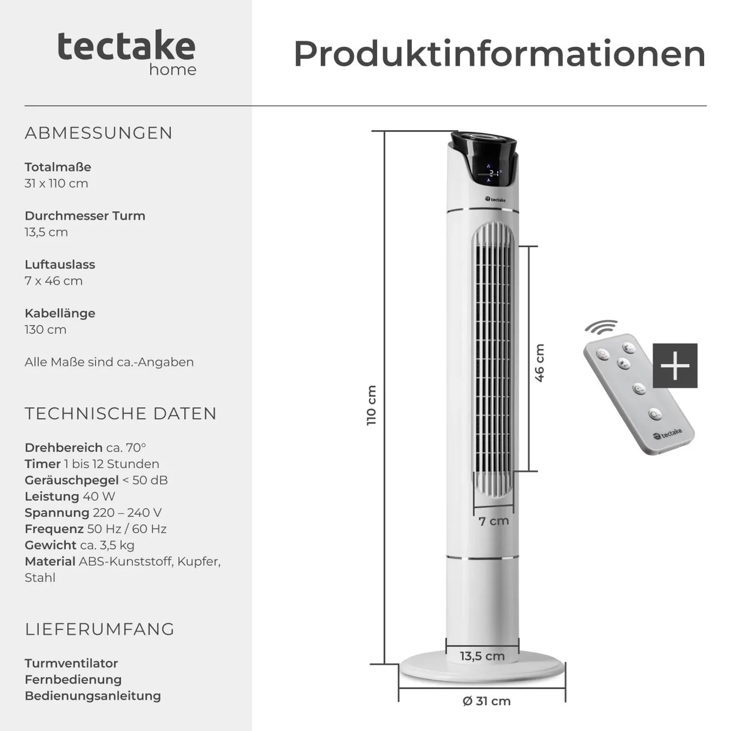 Weißer Tectake Turmventilator mit Fernbedienung, oszillierend, 110cm hoch.