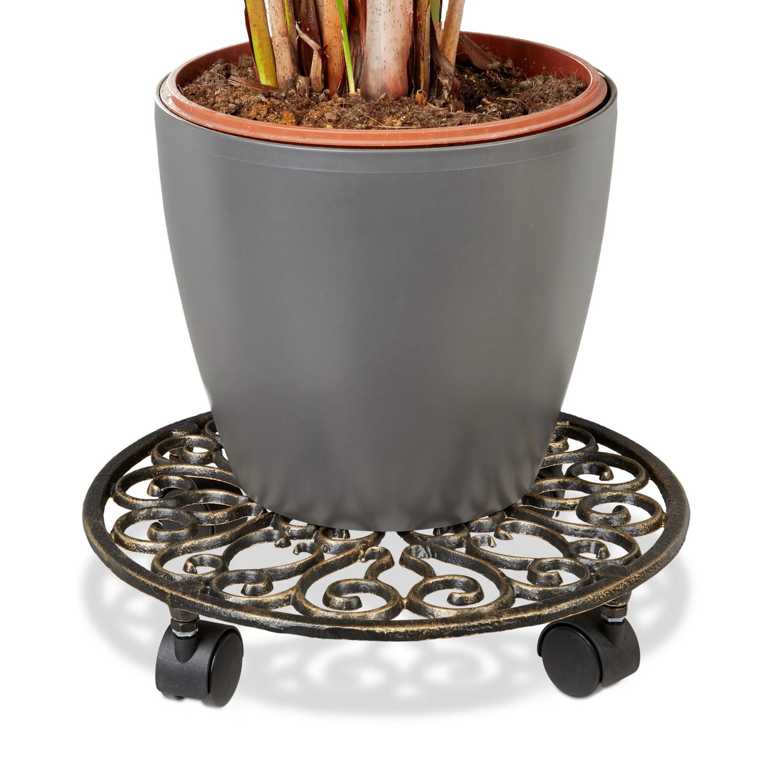 Relaxdays Pflanzenroller Gusseisen Bronze Rund 7,5 cm x 33,5 cm x 33,5 cm