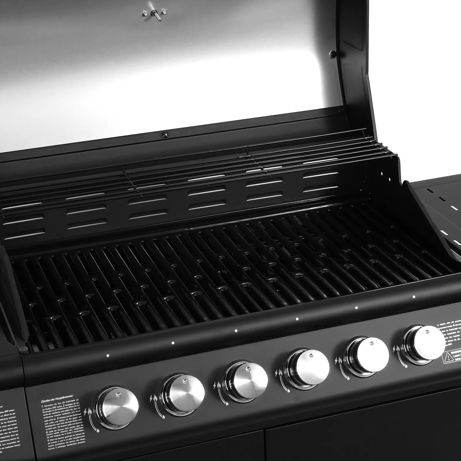 Schwarzer Taino Red 6+1 Gasgrill mit Edelstahl-Brennern und offener Grillhaube.