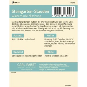 Pabst Keimkraft Steingarten-Stauden Winterharte Mischung Blumensamen. Weiße Samenpackung mit Infos.