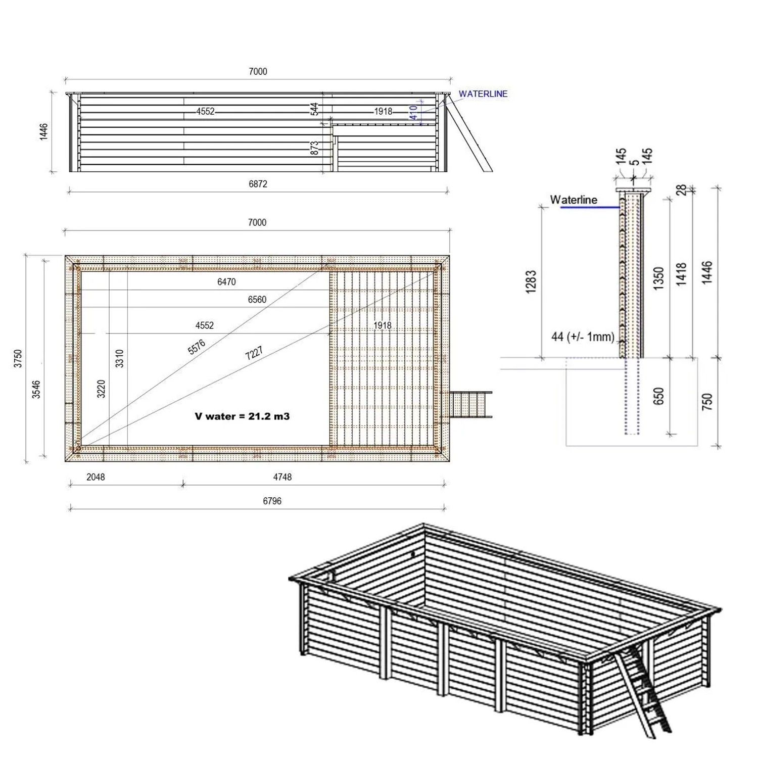 Technische Zeichnung des ALTANKA Holzpools Aqua 7x3,75m mit Maßen, Seitenansicht und isometrischer Darstellung der Holzkonstruktion.