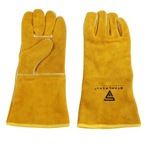 STAHLWERK Schweißhandschuhe, gelb, aus Rindspaltleder, Teil des Schweißerschutzkleidung Sets.