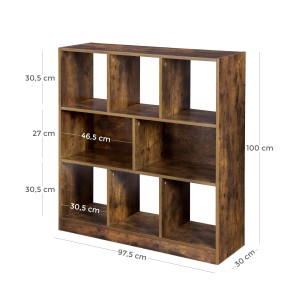 Vasagle Bücherregal in Vintagebraun mit 8 Fächern und Maßangaben.