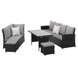 Schwarzes Polyrattan Garten-Lounge Set Monroe mit Ecksofa, Tisch und Hockern. Graue Kissen für den Garten.