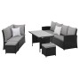 Schwarzes Polyrattan Garten-Lounge Set Monroe mit Ecksofa, Tisch und Hockern. Graue Kissen für den Garten.