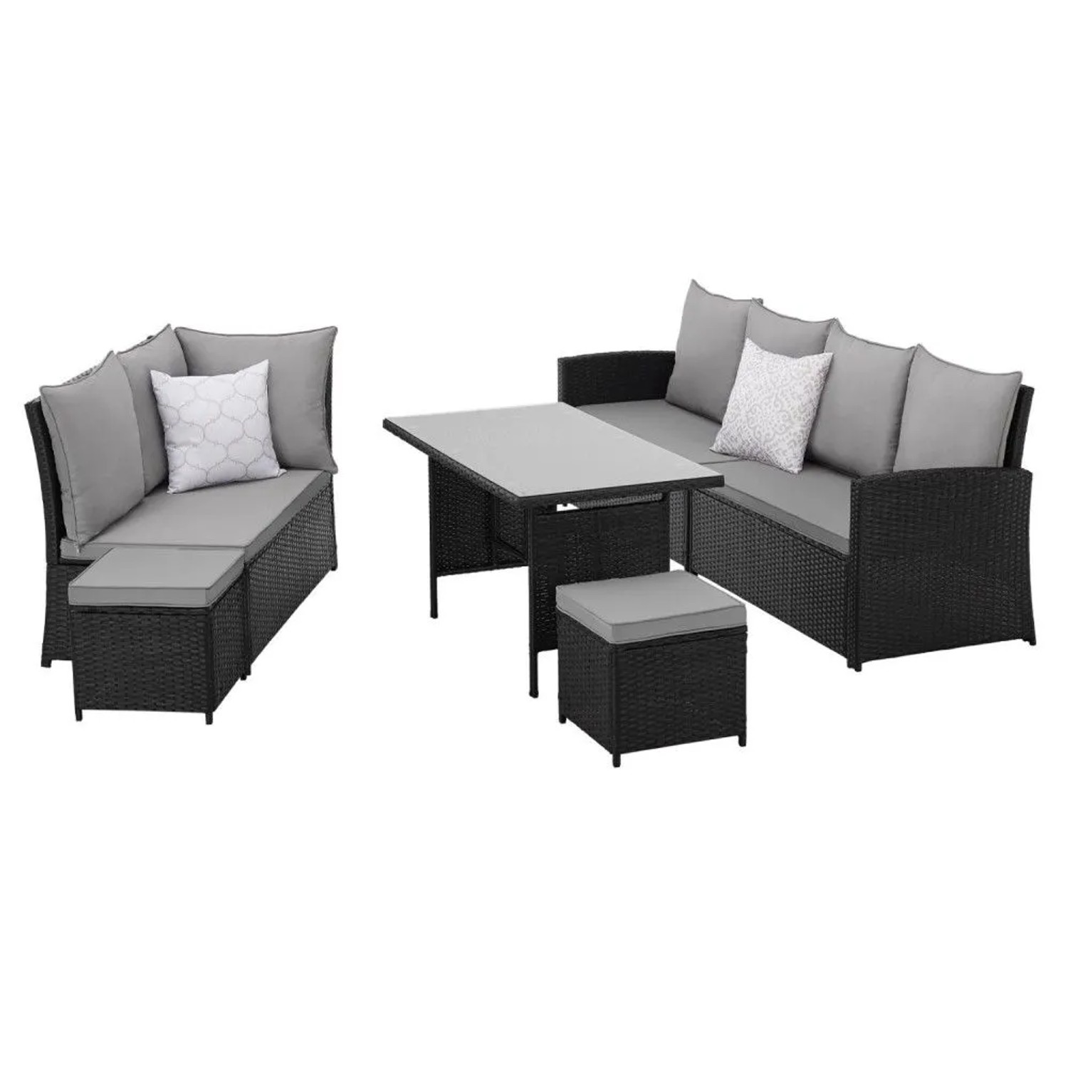 Schwarzes Polyrattan Garten-Lounge Set Monroe mit Ecksofa, Tisch und Hockern. Graue Kissen für den Garten.