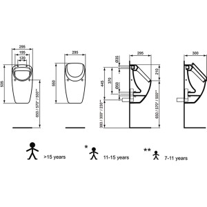 Technische Zeichnung: Ideal Standard Connect Absaugeurinal, verdeckter Zulauf, weiß, mit Maßangaben.