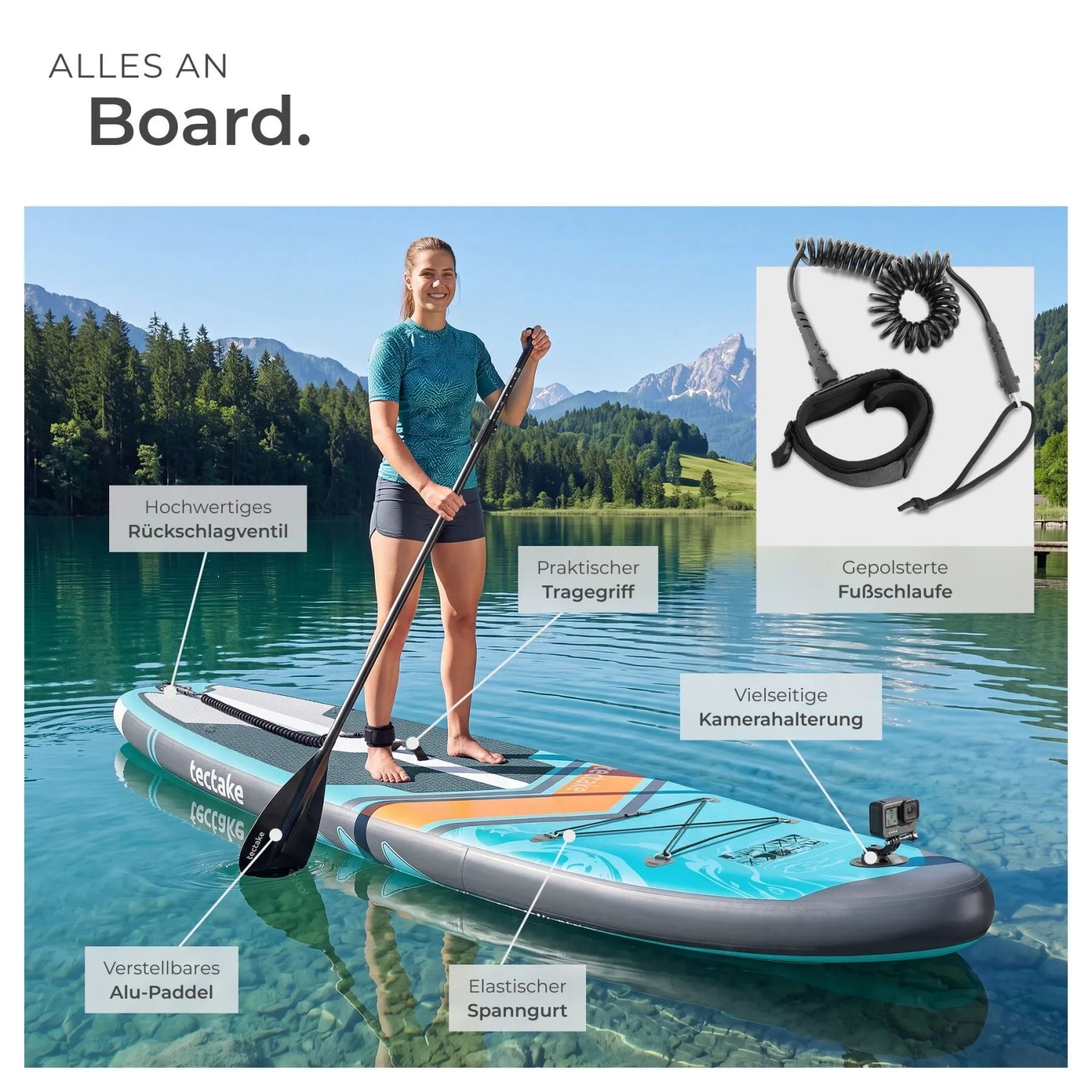 Frau paddelt auf blau-grauem Tectake Stand Up Paddle Board auf See. Zeigt verstellbares Paddel, Kamerahalterung, Spanngurt.