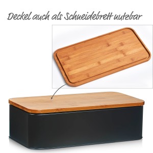 Schwarzer Zeller Brotkasten aus Metall mit Bambusdeckel, der auch als Schneidebrett dient.