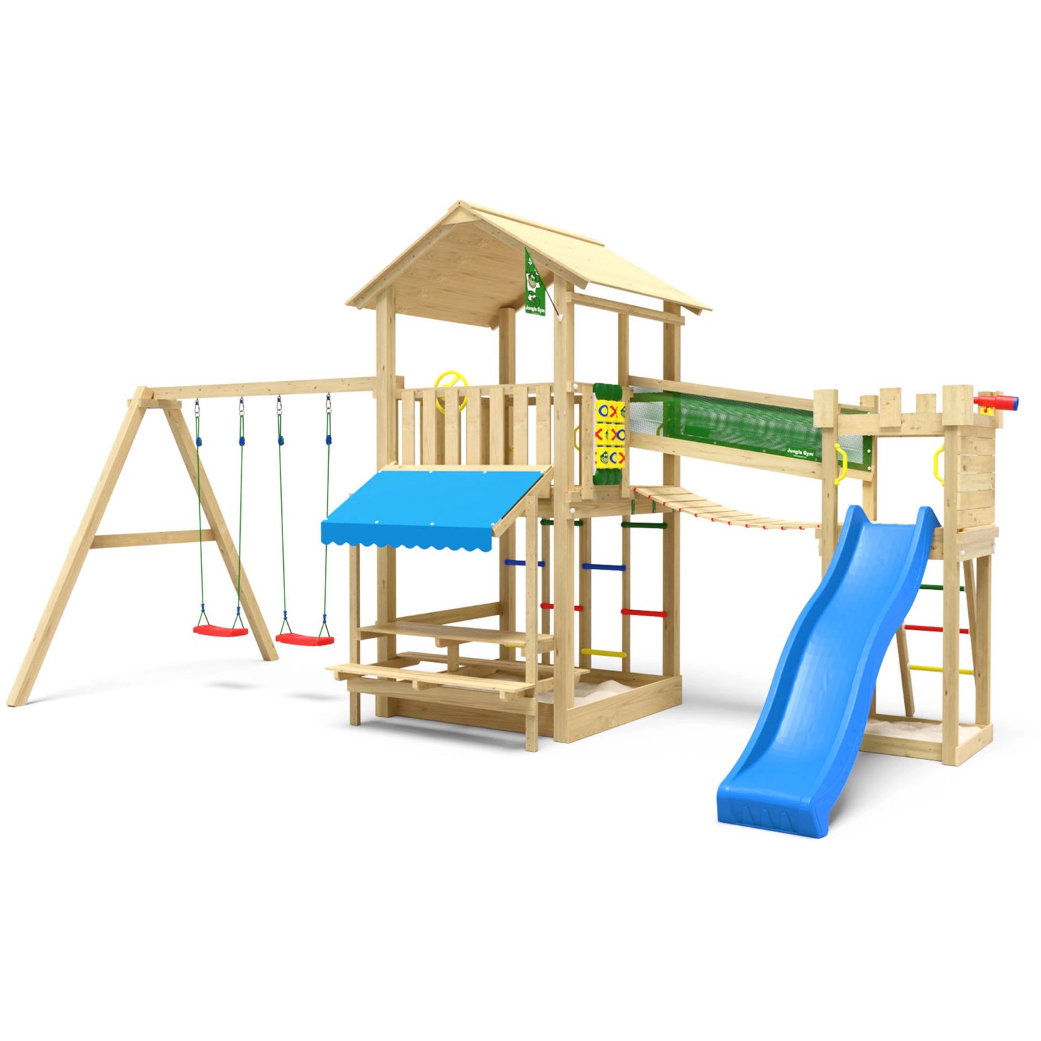 Jungle Gym Spielturm Cascade Holz Picnic m. 2 Schaukeln Brücke Rutsche Blau günstig online kaufen