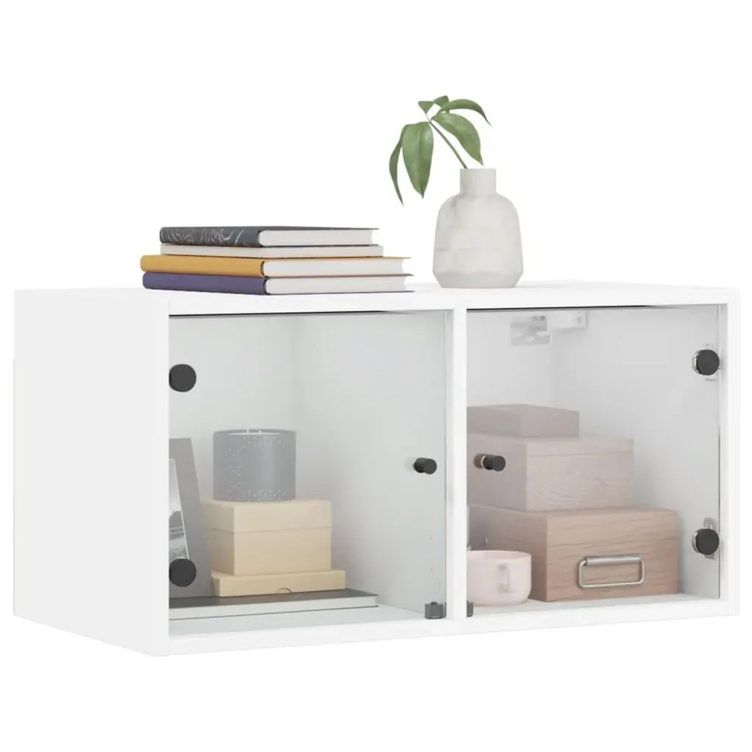 Zwei weiße Wandschränke mit Glastüren, vidaXL, für Büro oder Wohnzimmer.