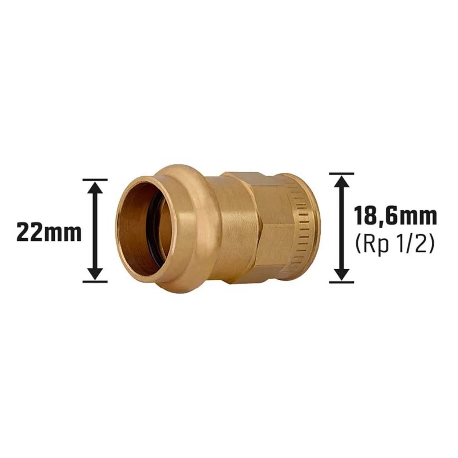 Übergangsmuffe aus Rotguss, 22 mm x 18,6 mm (Rp 1/2), für Pressfittings in Heizung, Wasser und Solar.