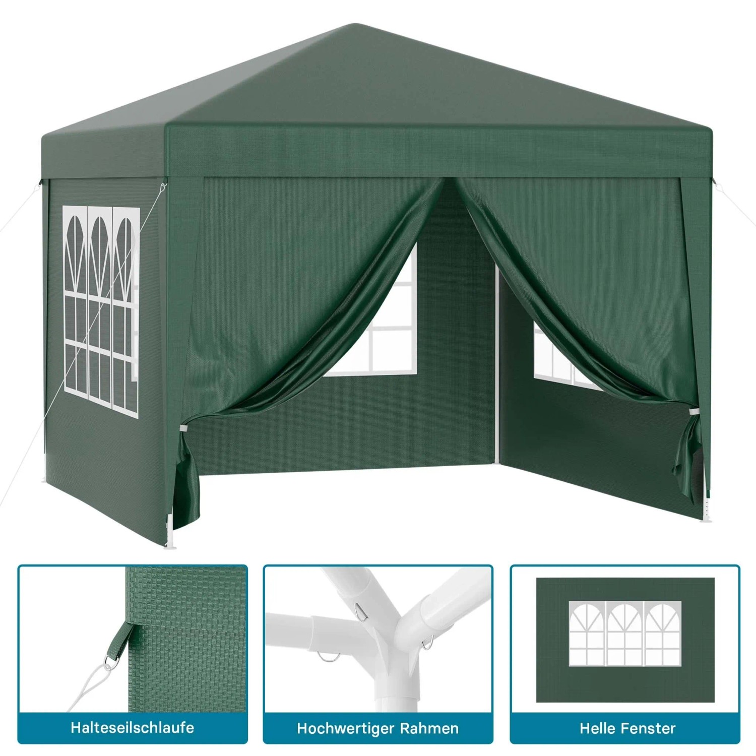 Grüner 3x3m Pavillon mit UV-Schutz 50+, großen Fenstern und abnehmbaren Seiten. Ideal als Gartenpavillon oder Partyzelt.
