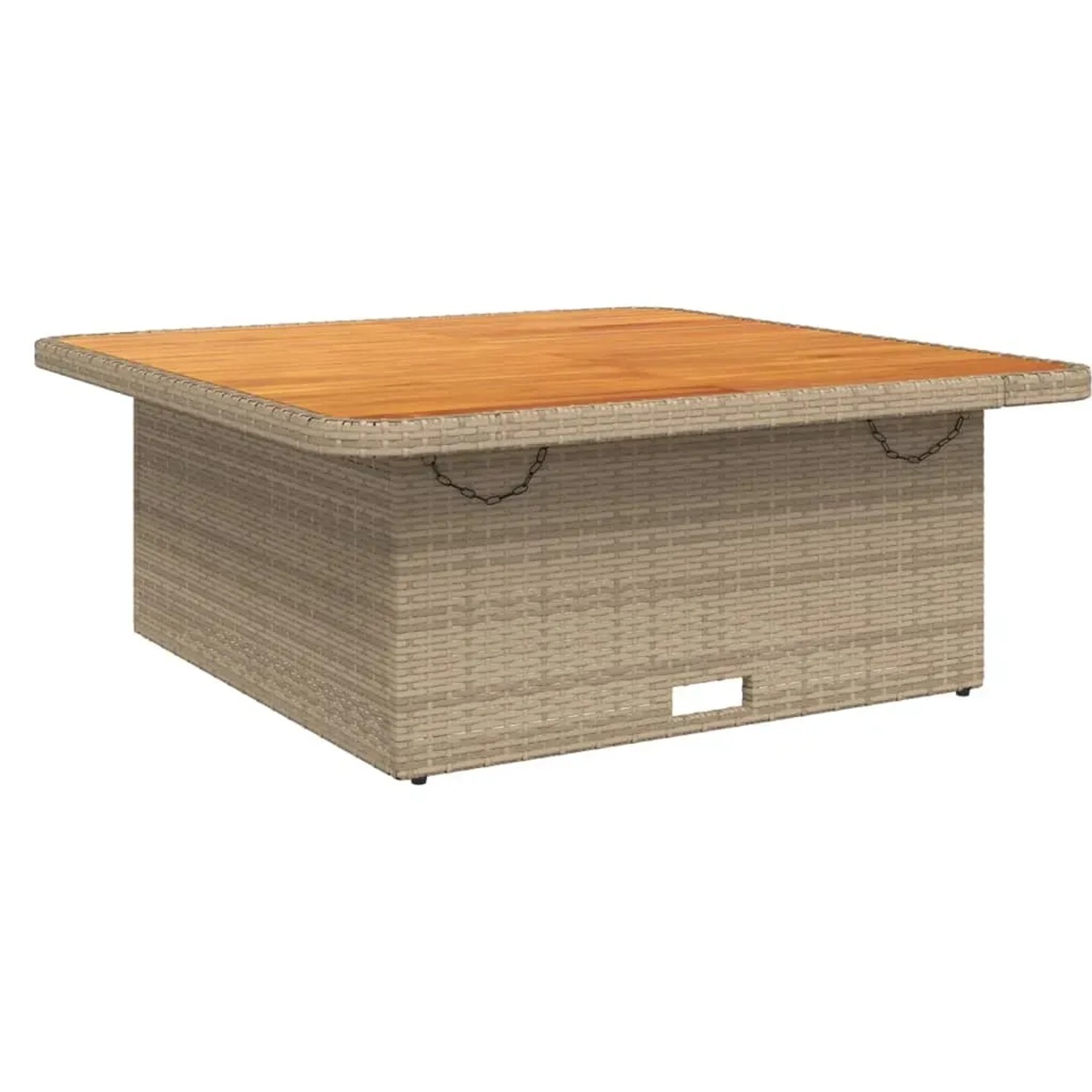 Quadratischer, höhenverstellbarer Gartentisch aus Rattan und Akazienholz, Teil der vidaXL Garten-Essgruppe.