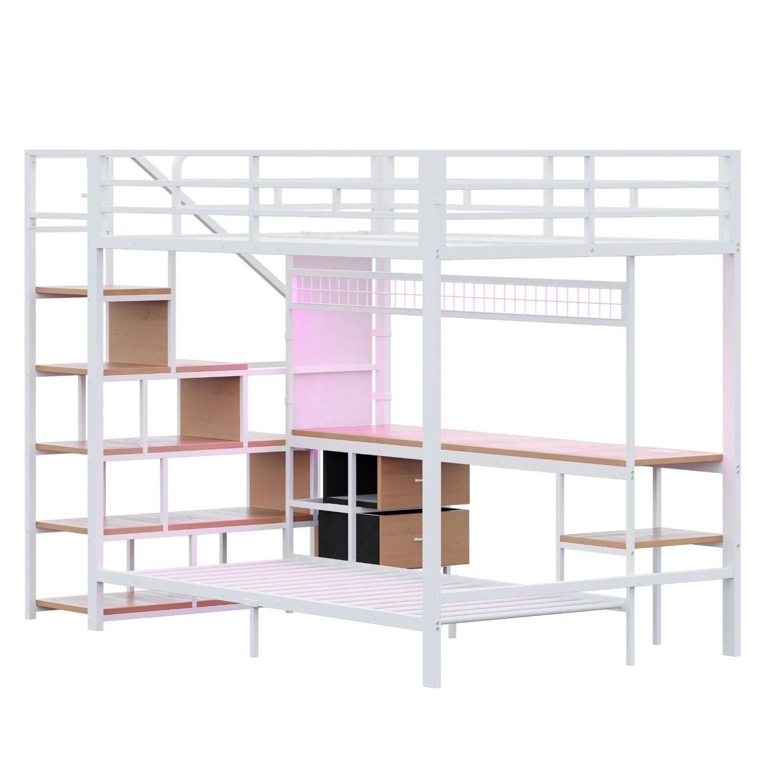 okwish Hochbett 140x200cm mit Schreibtisch LED Steckdosen Jugendbett Weiß ohne Matratze