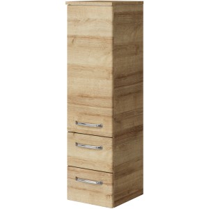 Pelipal Bad-Hängeschrank Trentino in Riviera Eiche, 30 cm breit mit drei Schubladen und Chromgriffen.