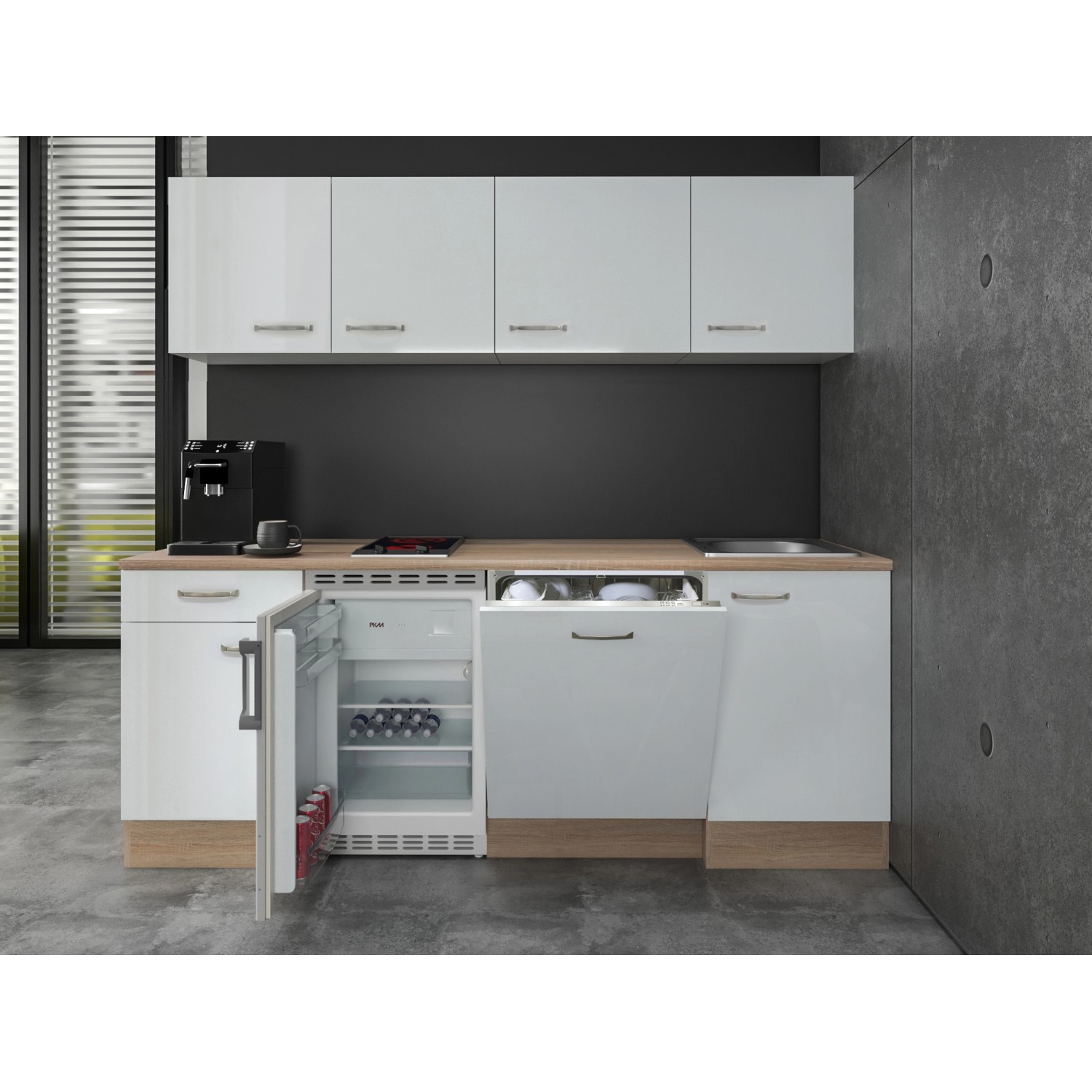 Flex-Well Exclusiv Büroküche Valero 210 cm Hochglanz Weiß-Sonoma Eiche günstig online kaufen