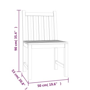 Skizze eines Gartenstuhls aus Teakholz mit Maßen, Teil der 5-tlg. Essgruppe.