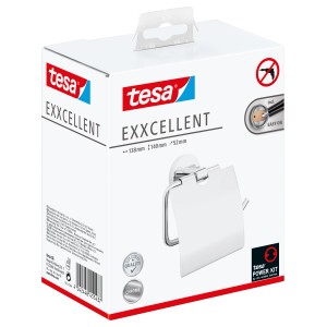 Verpackung des Tesa Exxcellent Toilettenpapierhalters mit Deckel, Chrom-Optik.