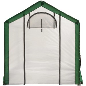 Shelter Logic Gewächshaus, weiße Folie mit grünem Rahmen und Tür mit Reißverschluss.
