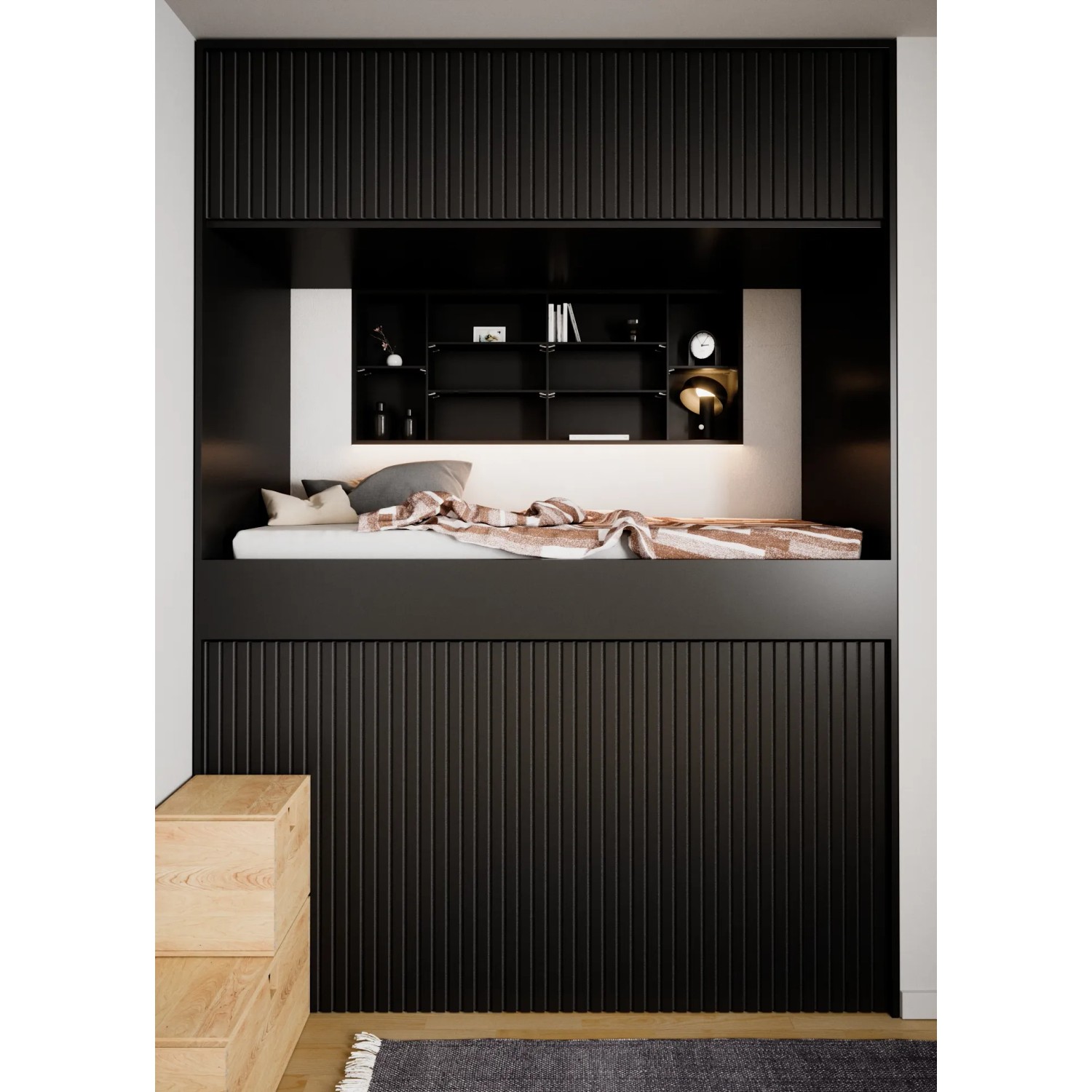 Schwarzes Akustikpaneel-Muster Linoleum Nero Filz an Wand mit Bett und Regalen.