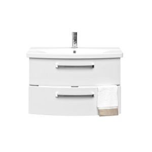 Pelipal Waschtisch Serie 4010, 84 cm, Weiß Hochglanz mit zwei Schubladen und Handtuch.