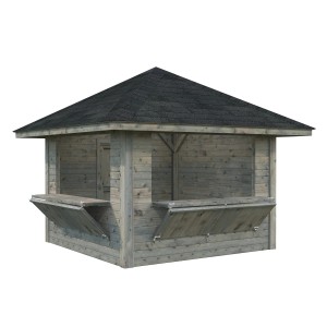 Palmako Marktstand Bianca Set 105, grau tauchgrundiert, 300x300 cm, mit Verkaufsklappen und Tür.