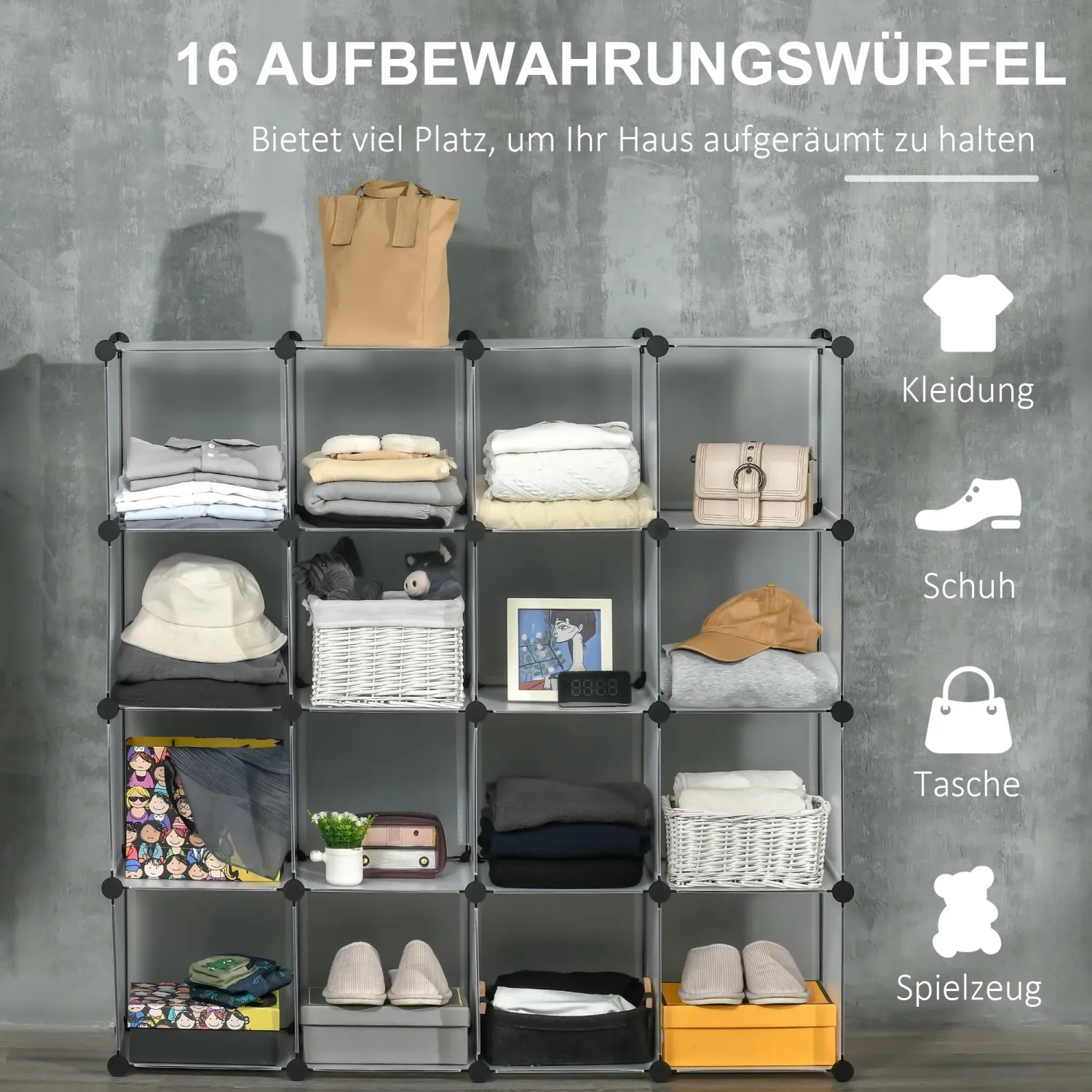 HOMCOM Würfel-Organizer, weiß, mit 16 Fächern zur Aufbewahrung von Kleidung, Schuhen und Spielzeug.