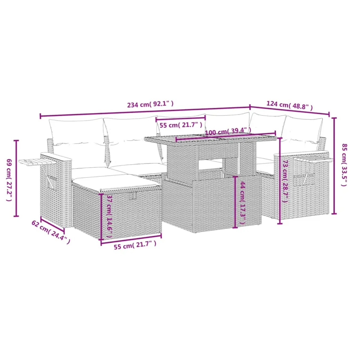 Graue 7-tlg. Garten-Sofagarnitur aus Polyrattan mit Tisch, Hockern und Kissen.