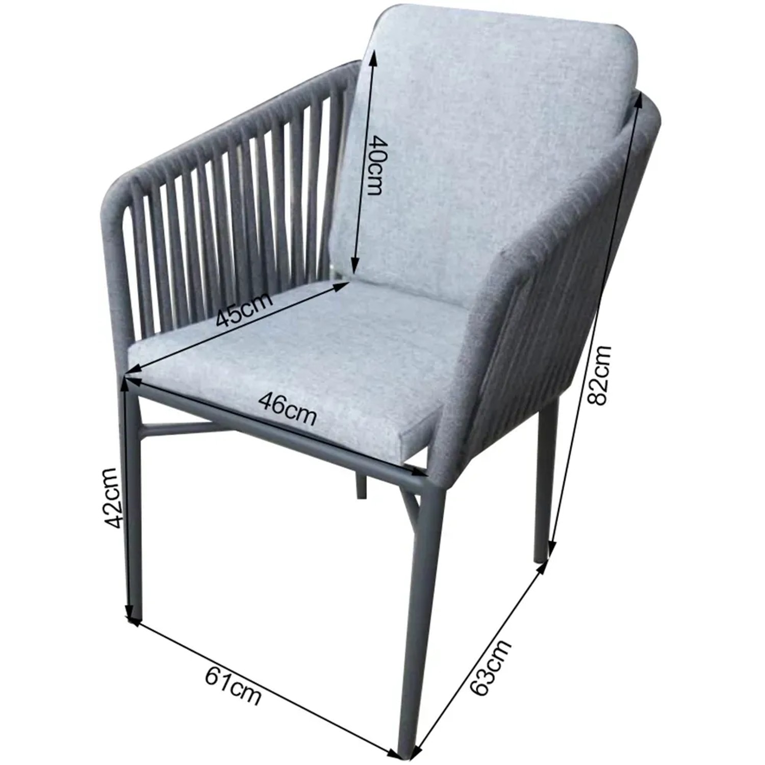 Acamp Manhattan Armsessel Set, 4 Stück, anthrazit mit grauen Kissen und Maßangaben.