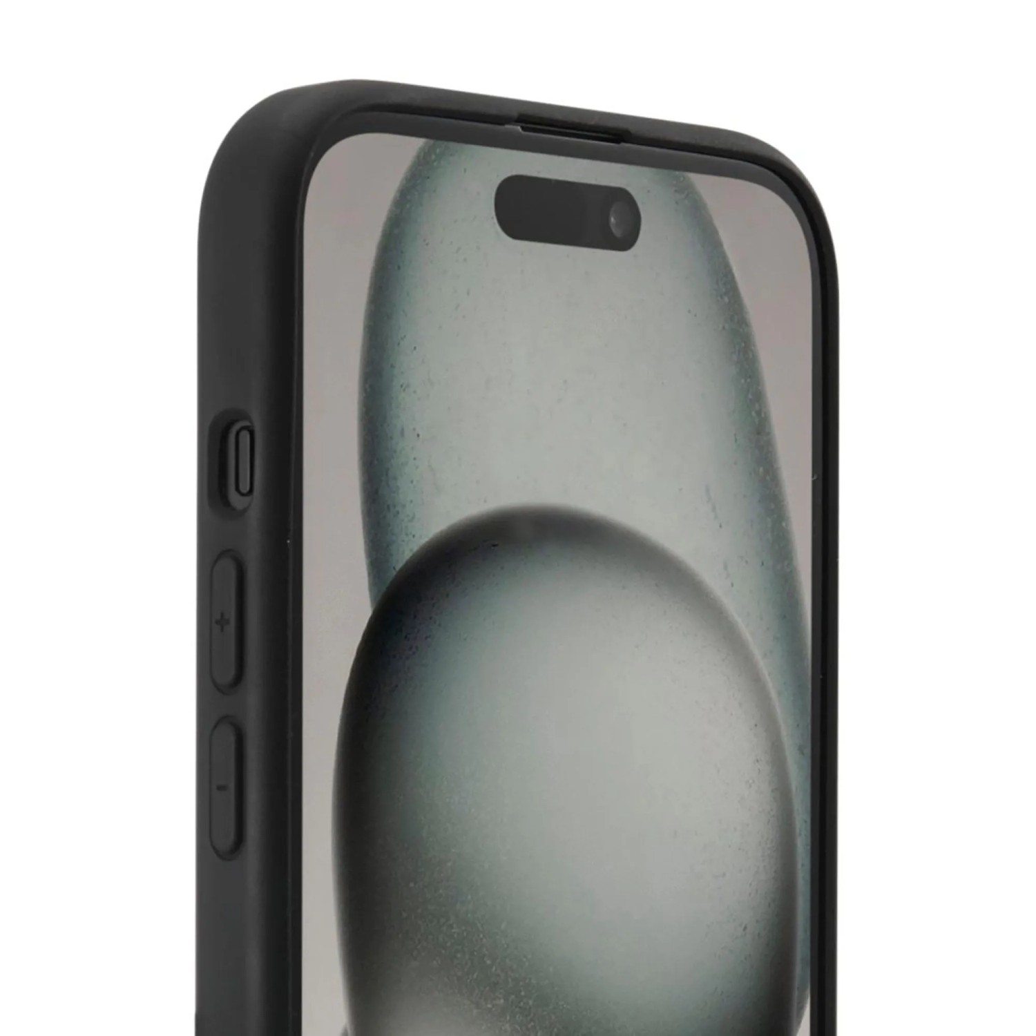 Schwarze Hama MagCase Handyhülle für Apple iPhone 15, Seitenansicht mit bedeckten Tasten. Robustes TPU-Material.