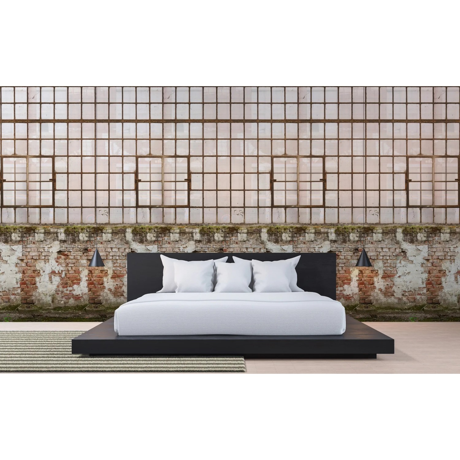 AS-Creation Fototapete Industrial-Fabrikhalle in Creme-Braun hinter einem Bett.